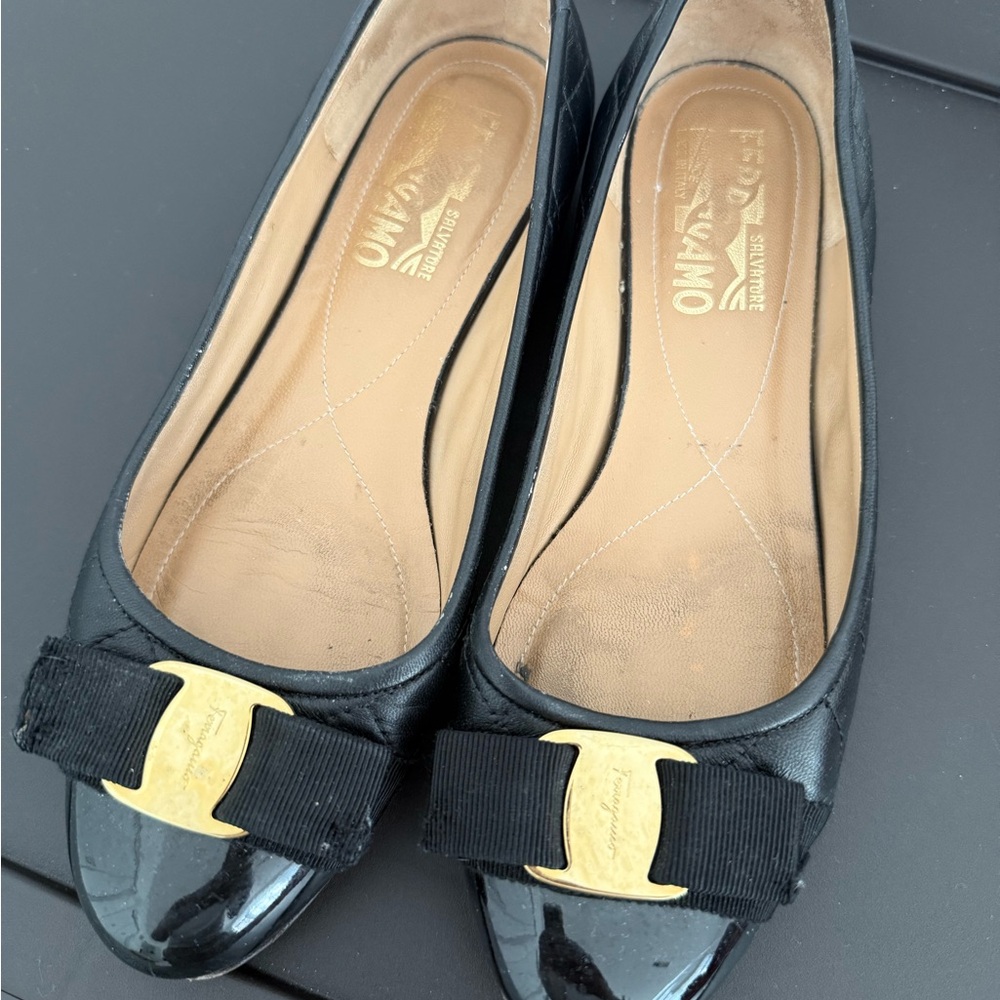 Salvatore Ferragamo Black Flats with Gold Accent